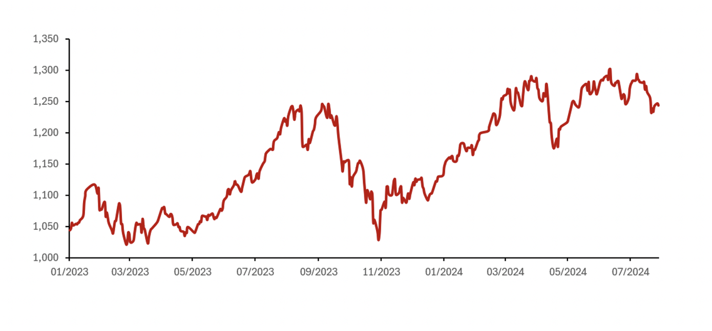 Diễn biến chỉ số VN-Index từ đầu năm 2023 đến tháng 7 năm nay.