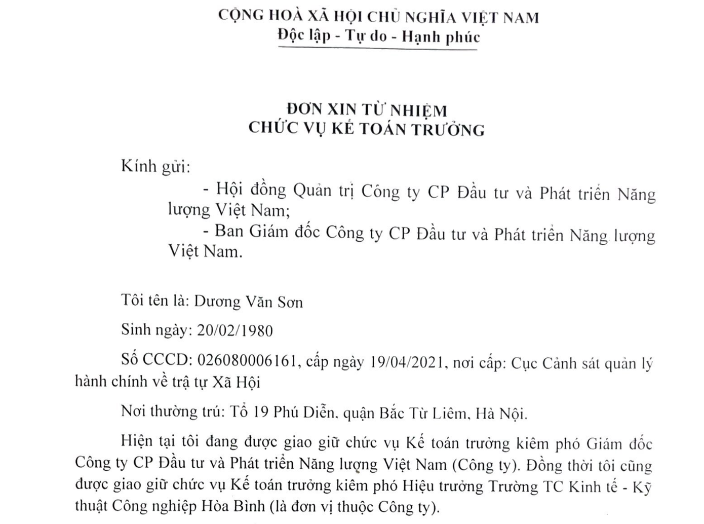 Đơn từ nhiệm của ông Dương Văn Sơn.