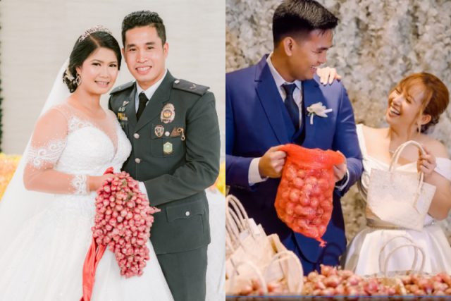 Ảnh trái cho thấy cô dâu cầm túm hành thay hoa cưới, ảnh phải là khoảnh khắc một cặp đôi đang chia hành cho khách mời. (Ảnh: Facebook)