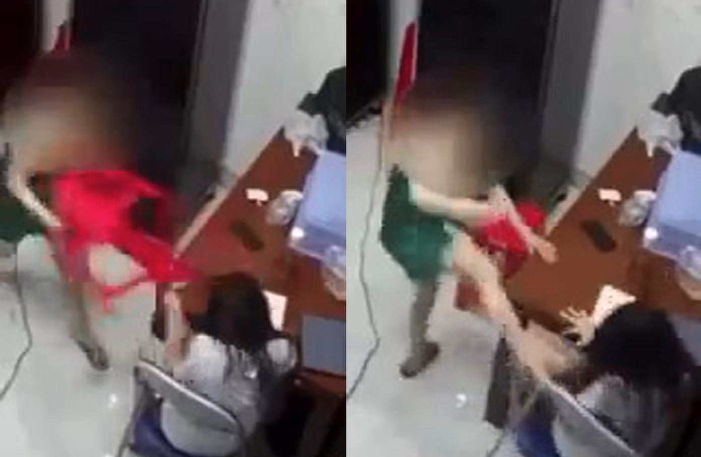 Người mẹ đạp, đập ghế vào đầu con gái. Người mẹ đạp, đập ghế vào đầu con gái.