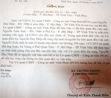 Thông báo của cơ quan công an về việc 