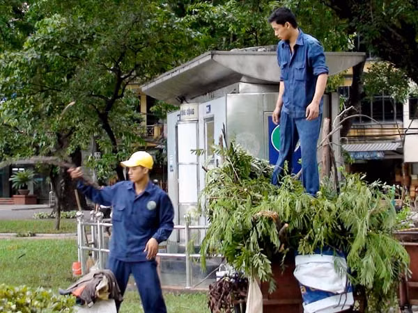 Công nhân đang dọn dẹp cành cây gãy rơi trên phố Quang Trung