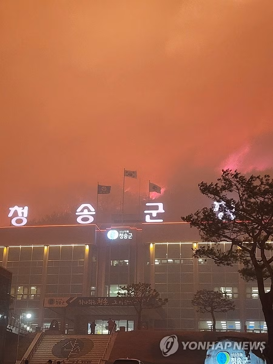 Đám cháy rừng lan gần đến văn phòng chính quyền huyện Cheongsong. (Ảnh: Yonhap)