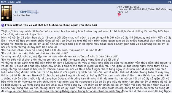 Tâm sự của chàng trai LuuKiet... ở Vĩnh Long (Ảnh chụp màn hình). Tâm sự của chàng trai LuuKiet... ở Vĩnh Long (Ảnh chụp màn hình). Bài viết: http://news.zing.vn/Chang-trai-vach-tran-ban-gai-bat-ca-2-tay-post375171.html#category_featured.noibat Nguồn Zing News