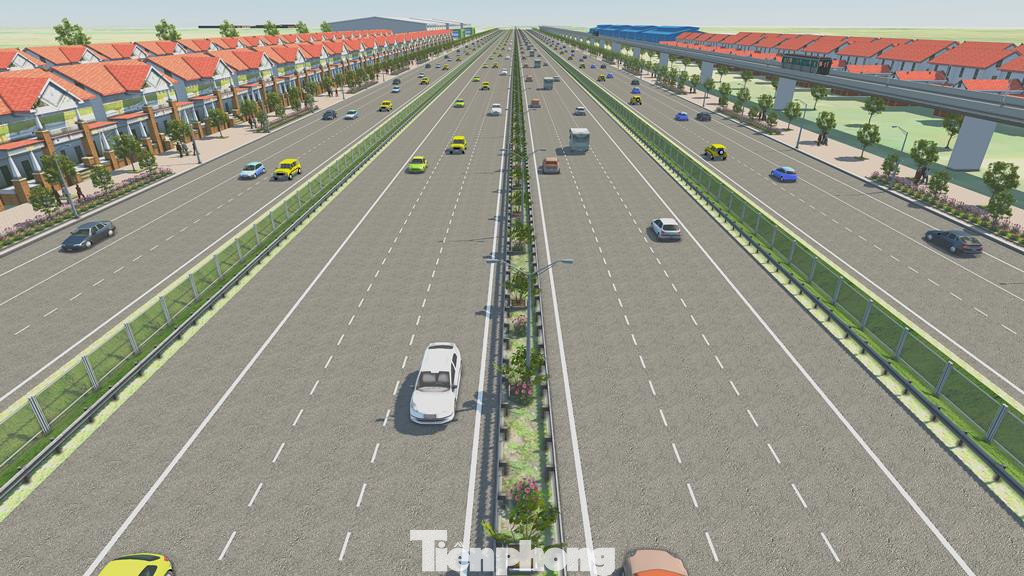 Theo hình ảnh thiết kế mới này, đường Vành đai 4 rộng 14 làn xe, trong đó đường song hành (đô thị) hai bên rộng 8 làn xe (mỗi chiều đường 4 làn), đường cao tốc đi ở giữa rộng 6 làn (chưa tính 2 làn dừng khẩn cấp).