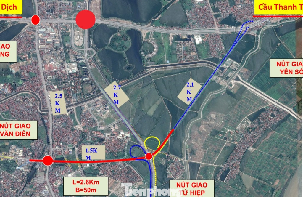 Toàn cảnh phạm vi dự án, bao gồm nút giao Tứ Hiệp, đường kết nối giữa cao tốc Pháp Vân - Cầu Giẽ với Vành đai 3 (đường chấm màu xanh). Toàn cảnh phạm vi dự án, bao gồm nút giao Tứ Hiệp, đường kết nối giữa cao tốc Pháp Vân - Cầu Giẽ với Vành đai 3 (đường chấm màu xanh).