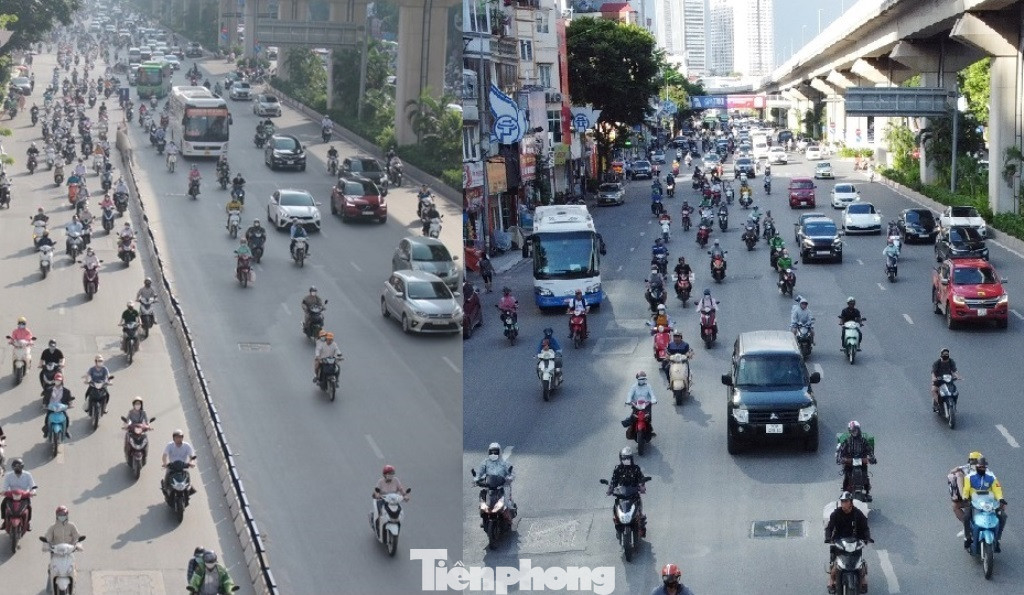 Trước đó, từ tháng 8/2022 Sở GTVT Hà Nội thực hiện thí điểm phân làn tách dòng ô tô, xe máy đi theo làn riêng (ảnh trái), kế hoạch có thời gian thực hiện thí điểm 1 tháng, sau đó được tiếp tục kéo dài đến cuối năm 2022. Đến nay, sau đúng 1 năm, nhiều đoạn đã được tháo dỡ (ảnh phải). Trước đó, từ tháng 8/2022 Sở GTVT Hà Nội thực hiện thí điểm phân làn tách dòng ô tô, xe máy đi theo làn riêng (ảnh trái), kế hoạch có thời gian thực hiện thí điểm 1 tháng, sau đó được tiếp tục kéo dài đến cuối năm 2022. Đến nay, sau đúng 1 năm, nhiều đoạn đã được tháo dỡ (ảnh phải).