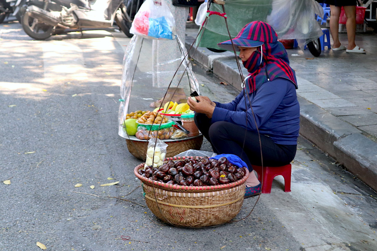 Gánh xe hoa quả lên phố Đinh Tiên Hoàng từ sáng sớm, chị Hoa (Ba Đình, Hà Nội) tất bật vì lượng khách hôm nay nhiều hơn so với ngày thường. “Việc thì vẫn phải làm thôi. Càng những ngày này càng bán được nhiều hàng nên tôi vẫn đi làm như ngày bình thường“, chị Hòa chia sẻ.