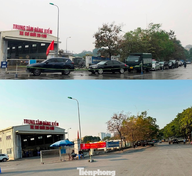 Tại trung tâm đăng kiểm xe cơ giới số 2910D (Đền Lừ, Hoàng Mai), những hôm giáp Tết, lượng xe xếp hàng kéo dài (ảnh trên). Nhưng ngày 31/1, tình trạng này không còn. Phía trước trung tâm hoàn toàn thông thoáng (ảnh dưới). Tại trung tâm đăng kiểm xe cơ giới số 2910D (Đền Lừ, Hoàng Mai), những hôm giáp Tết, lượng xe xếp hàng kéo dài (ảnh trên). Nhưng ngày 31/1, tình trạng này không còn. Phía trước trung tâm hoàn toàn thông thoáng (ảnh dưới).