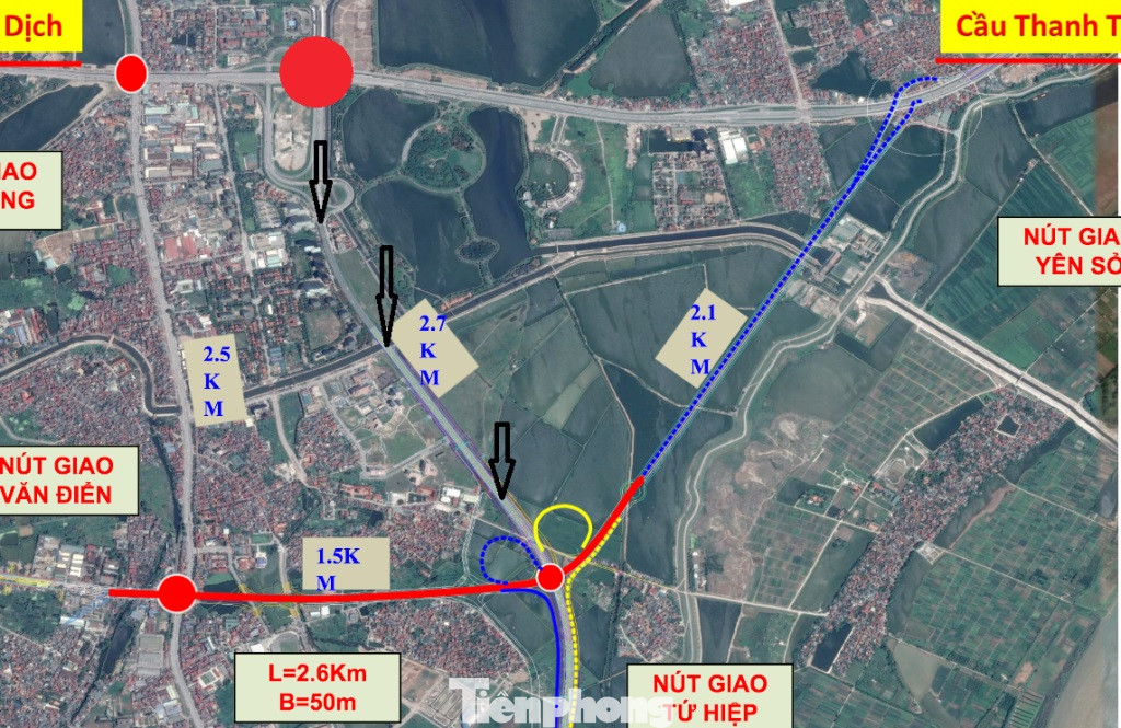 Sau khi dự án hoàn thành, nhờ có nhánh đường kết nối trực tiếp giữa cao tốc với đường Vành đai 3 được làm mới nên xe từ cao tốc đi cầu Thanh Trì và ngược lại sẽ không phải đi vào nút giao Pháp Vân (chấm đỏ), giảm được ùn tắc tại đây. Sau khi dự án hoàn thành, nhờ có nhánh đường kết nối trực tiếp giữa cao tốc với đường Vành đai 3 được làm mới nên xe từ cao tốc đi cầu Thanh Trì và ngược lại sẽ không phải đi vào nút giao Pháp Vân (chấm đỏ), giảm được ùn tắc tại đây.