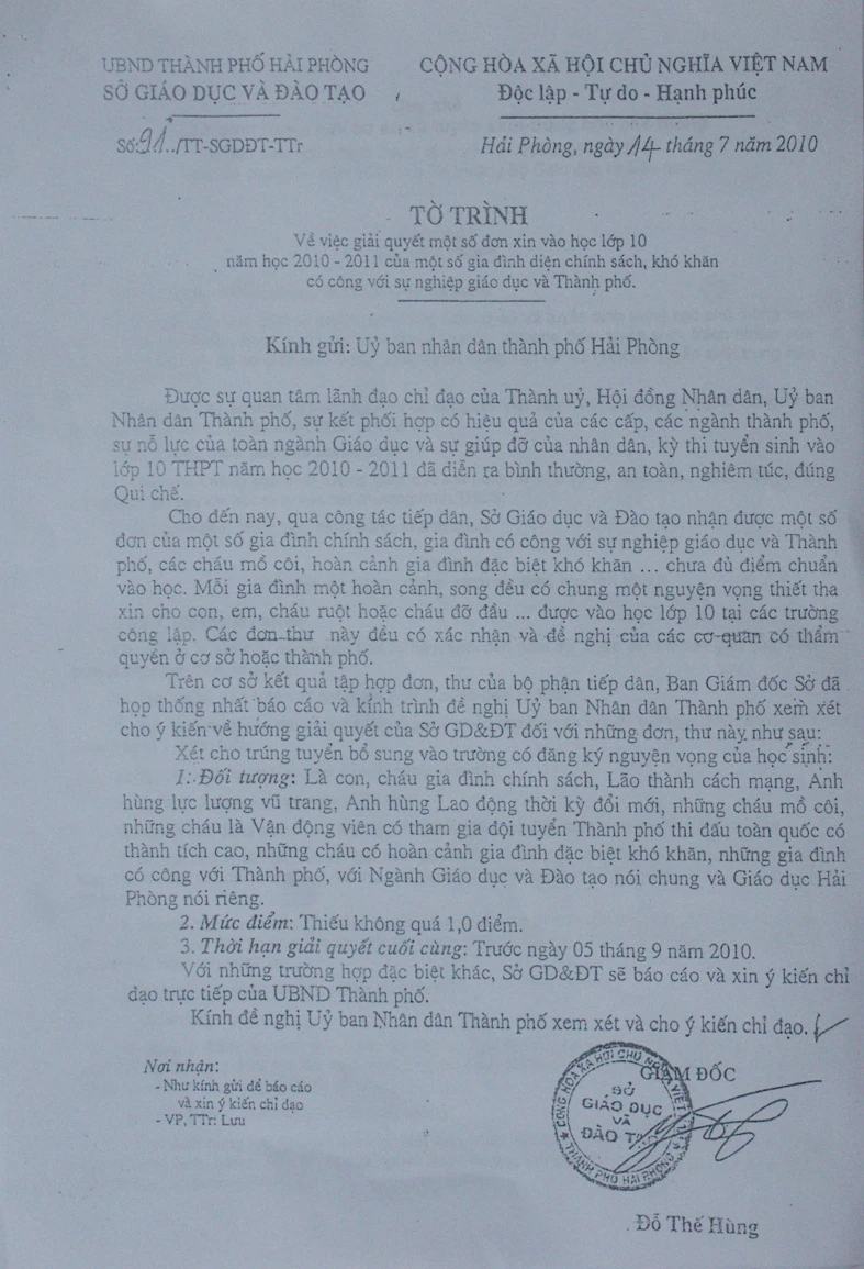 Văn bản đề nghị đặc cách trúng tuyển trái luật của Sở GD&ĐT gửi UBND TP Hải Phòng, trong đó nêu cả trường hợp “cháu ruột, cháu đỡ đầu” 