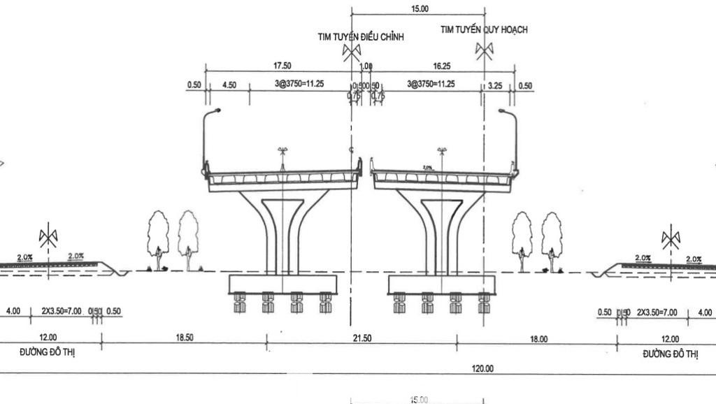 Bản vẽ mặt cắt ngang đường Vành đai 4, bao gồm đường cao tốc trên cao và đường đô thị đi bằng hai bên. Bản vẽ mặt cắt ngang đường Vành đai 4, bao gồm đường cao tốc trên cao và đường đô thị đi bằng hai bên.