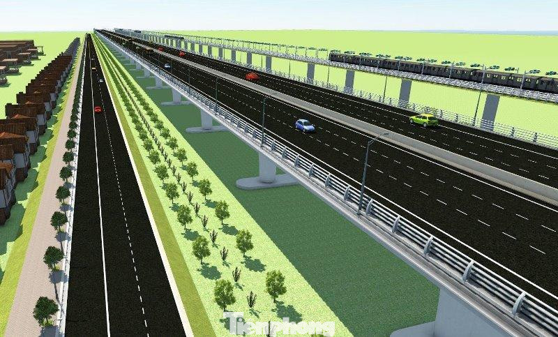 Với phương án đi trên cao, tuyến đường có làn đường cao tốc với 6 làn xe đi trên cao bằng cầu cạn. Bên dưới là dải phân cách để trống, trồng cây xanh, thảm cỏ tạo cảnh quan.