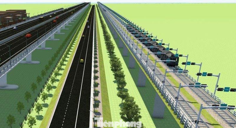 Trong phương án đường cao tốc đi trên cao, với tuyến đường sắt đô thị ở hành lang Tư vấn đưa ra 2 phương án thiết kế, đường sắt đi bằng hoặc đi trên cao (xây cầu cạn đi riêng). Trong ảnh là tuyến đường sắt đi bằng.