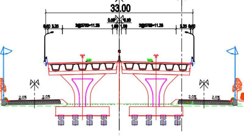 Thiết kế kỹ thuật để xây dựng trụ cầu cạn Vành đai 4. Đỡ dầm cầu cạn đường trên cao là trụ chữ Y, bên dưới là hệ thống 4 cọc khoan nhồi mỗi chiều đường.