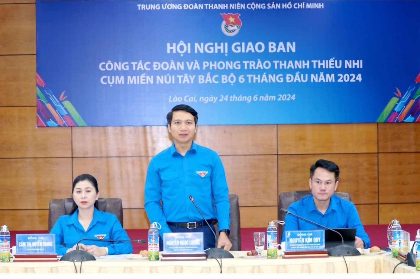 Anh Nguyễn Ngọc Lương - Bí thư Thường trực Trung ương Đoàn, Chủ tịch Hội Liên hiệp Thanh niên Việt Nam phát biểu tại hội nghị.