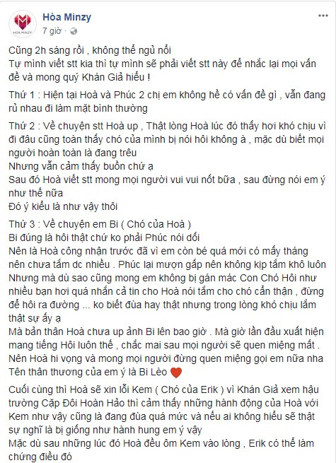 Hòa Minzy viết tâm thư phân trần vụ ‘rạn nứt’ với Đức Phúc vì chó cưng ảnh 1