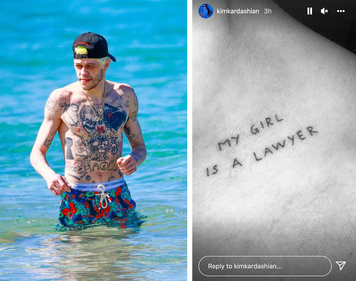 Đáng chú ý, hình xăm dành riêng cho tình cũ Kim Kardashian đã không còn. Trước đó, nữ tỷ phú 8X chia sẻ ảnh chụp trên Instagram Story vào tháng 10 cho thấy nam diễn viên hài sinh năm 1993 xăm chữ "My Girl Is A Lawyer" (Cô gái của tôi là một luật sư) trên xương đòn trái. Người hâm mộ Kim đều biết cô mong muốn có bằng luật sư nhưng chưa thi đỗ. Ảnh: BackGrid/ IG.