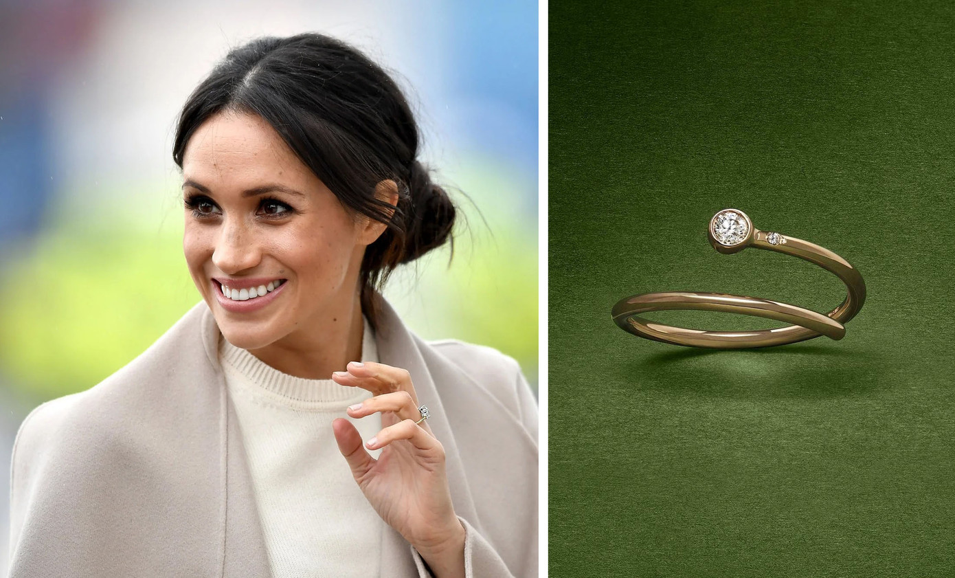 Tháng 9/2021, Meghan và Harry xuất hiện trên trang bìa tạp chí Time với tư cách Top 100 người có ảnh hưởng nhất. Đại diện Meghan xác nhận trong buổi chụp hình, ngôi sao Suits đeo chiếc nhẫn ngón út từ thương hiệu trang sức Shiffon Co. Theo trang web của công ty, thiết kế của chiếc nhẫn này tượng trưng cho những phụ nữ ủng hộ phụ nữ thông qua “lời hứa ngón út”. Ảnh: Getty Images/Shiffon Co.