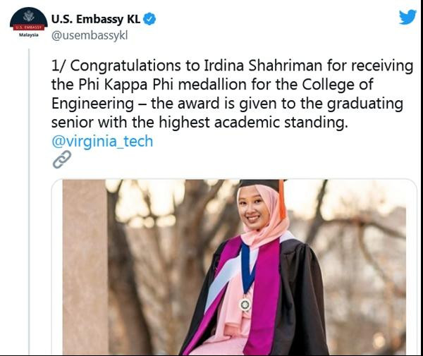 Đại sứ quán Mỹ tại Kuala Lumpur cũng viết lời chúc mừng Irdina. (Ảnh chụp màn hình). Đại sứ quán Mỹ tại Kuala Lumpur cũng viết lời chúc mừng Irdina. (Ảnh chụp màn hình).