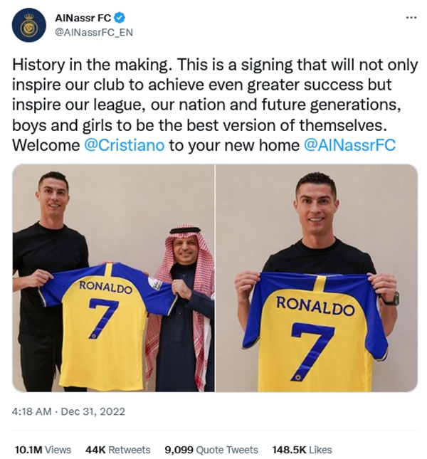 Thông báo của CLB về việc chiêu mộ Ronaldo. (Ảnh chụp màn hình).