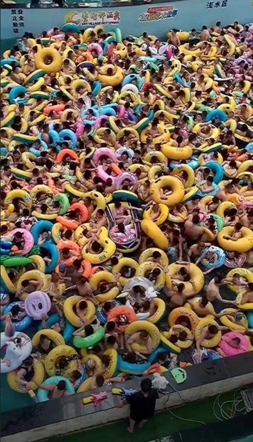 Mọi người chen chúc nhau trong bể nước. Ảnh: Newsflare. Mọi người chen chúc nhau trong bể nước. Ảnh: Newsflare.