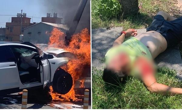 Lâm Chí Dĩnh bị thương khá nghiêm trọng, còn xe của anh bị bốc cháy. Ảnh: Apple Daily