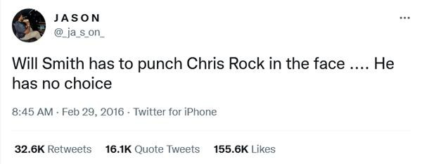 Bài đăng từ năm 2016 của một người tên là Jason, trong đó nói Will Smith phải thụi vào mặt Chris Rock. (Ảnh chụp màn hình). Bài đăng từ năm 2016 của một người tên là Jason, trong đó nói Will Smith phải thụi vào mặt Chris Rock. (Ảnh chụp màn hình).