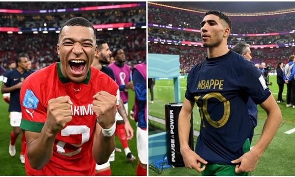 Mbappe và Hakimi mặc áo của nhau. Ảnh: Getty.