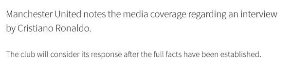 Man United tuyên bố họ sẽ chờ có toàn bộ thông tin rồi tính tiếp. (Ảnh chụp màn hình ManUtd.com). Man United tuyên bố họ sẽ chờ có toàn bộ thông tin rồi tính tiếp. (Ảnh chụp màn hình ManUtd.com).