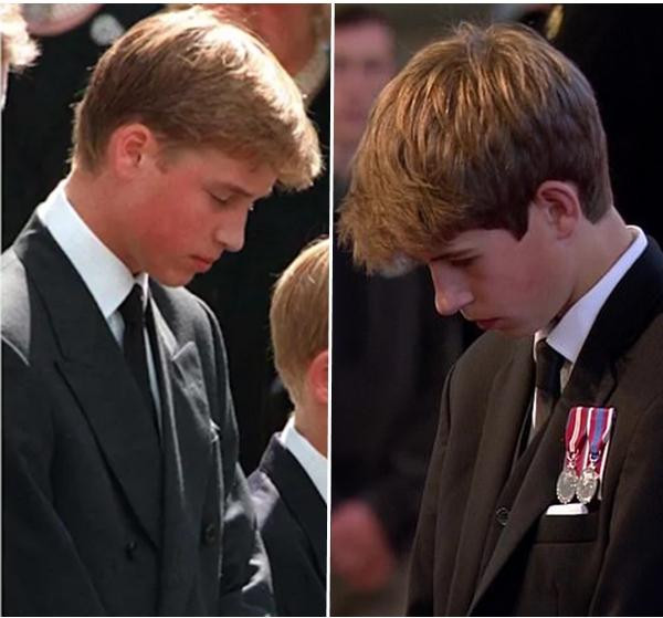 James (phải), 14 tuổi, trông thực sự giống William hồi 15 tuổi (trái) trong tang lễ Công nương Diana. Ảnh: Getty. James (phải), 14 tuổi, trông thực sự giống William hồi 15 tuổi (trái) trong tang lễ Công nương Diana. Ảnh: Getty.