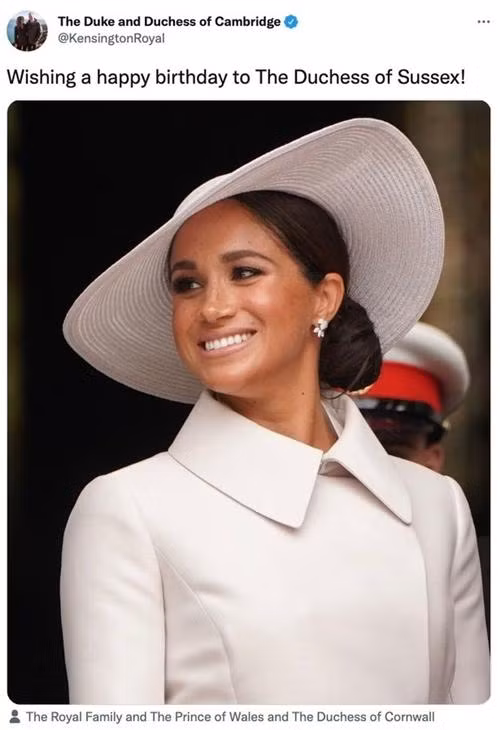 William - Kate viết lời chúc mừng sinh nhật Meghan. Ảnh: Twitter.