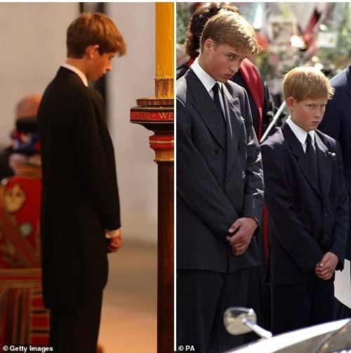 Kiểu tóc, dáng đứng của James trong buổi lễ canh linh cữu Nữ hoàng trông hoàn toàn giống William trong tang lễ Công nương Diana. Ảnh: Getty; PA. Kiểu tóc, dáng đứng của James trong buổi lễ canh linh cữu Nữ hoàng trông hoàn toàn giống William trong tang lễ Công nương Diana. Ảnh: Getty; PA.