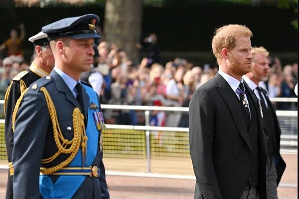 Anh em William - Harry đi bên nhau sau linh cữu Nữ hoàng trong lễ rước. Ảnh: Karwai Tang/ WireImage. Anh em William - Harry đi bên nhau sau linh cữu Nữ hoàng trong lễ rước. Ảnh: Karwai Tang/ WireImage.