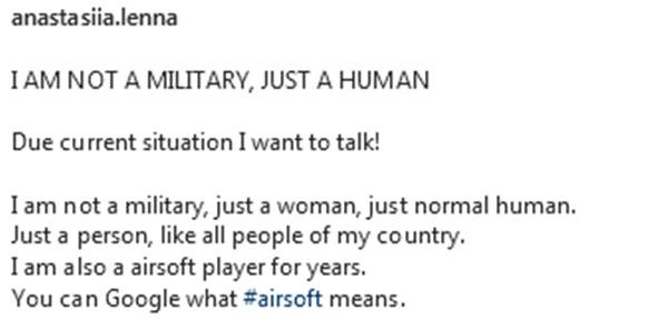 Một phần lời giải thích của Anastasiia, khẳng định rằng cô không gia nhập quân đội như nhiều nơi đăng tin. (Ảnh chụp màn hình). Một phần lời giải thích của Anastasiia, khẳng định rằng cô không gia nhập quân đội như nhiều nơi đăng tin. (Ảnh chụp màn hình).