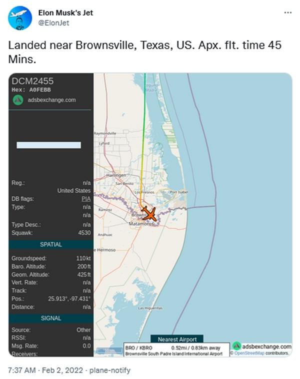 Máy bay của Elon Musk đi đến đâu là tài khoản của Jack Sweeney đăng cập nhật đến đấy. (Ảnh chụp màn hình). Máy bay của Elon Musk đi đến đâu là tài khoản của Jack Sweeney đăng cập nhật đến đấy. (Ảnh chụp màn hình).
