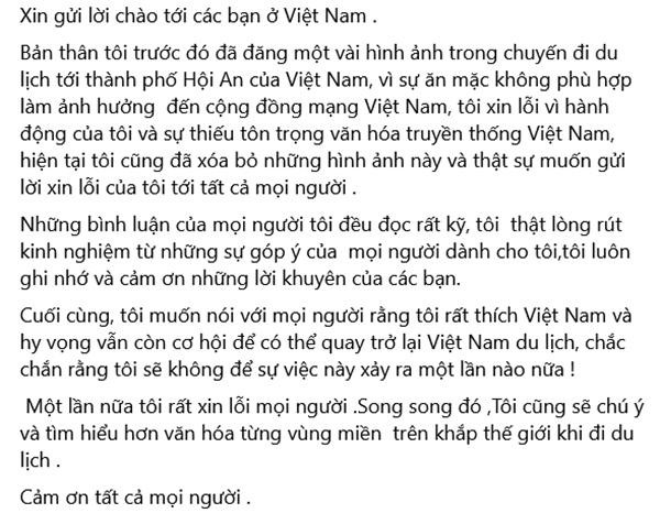 Lời xin lỗi bằng tiếng Việt của Siew. Ảnh: Facebook. Lời xin lỗi bằng tiếng Việt của Siew. Ảnh: Facebook.