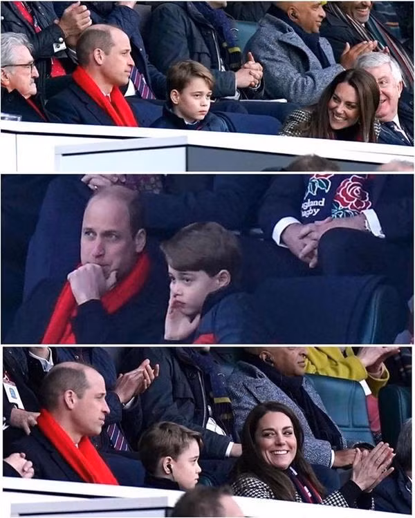Vợ chồng William - Kate và con trai lớn đi xem trận đấu bóng bầu dục (nhìn là biết đội mà Kate cổ vũ đang thắng, còn đội mà William và George cổ vũ đang thua). Ảnh: Instagram.