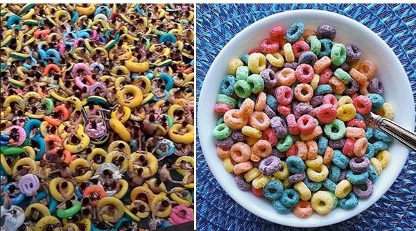 Một số netizen so sánh hình ảnh ở bể bơi với bát ngũ cốc vòng nhiều màu. Ảnh: Newsflare; TTB. Một số netizen so sánh hình ảnh ở bể bơi với bát ngũ cốc vòng nhiều màu. Ảnh: Newsflare; TTB.