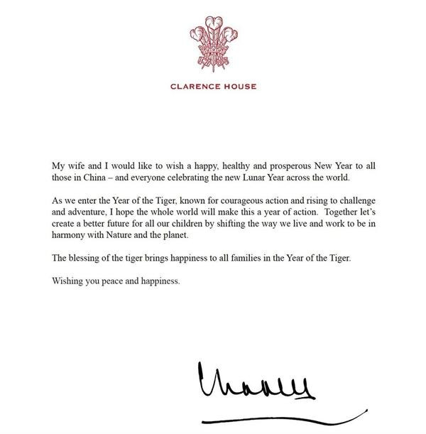 Thư chúc mừng Tết Nguyên Đán của Thái tử Charles. Ảnh: The Royal Family. Thư chúc mừng Tết Nguyên Đán của Thái tử Charles. Ảnh: The Royal Family.