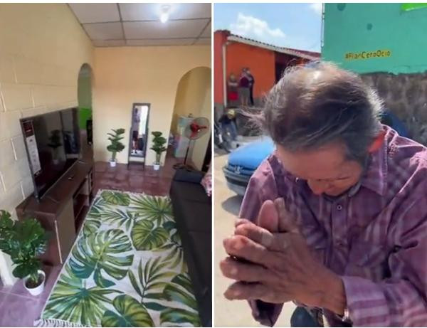 Nhìn thấy ngôi nhà "do cả thế giới gửi tặng", bác Lorenzo rơi nước mắt và chắp tay cảm ơn. Ảnh: Murphy. Nhìn thấy ngôi nhà "do cả thế giới gửi tặng", bác Lorenzo rơi nước mắt và chắp tay cảm ơn. Ảnh: Murphy.