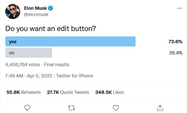 Hồi đầu tháng, Elon Musk lấy ý kiến về nút Edit trên Twitter. (Ảnh chụp màn hình). Hồi đầu tháng, Elon Musk lấy ý kiến về nút Edit trên Twitter. (Ảnh chụp màn hình).