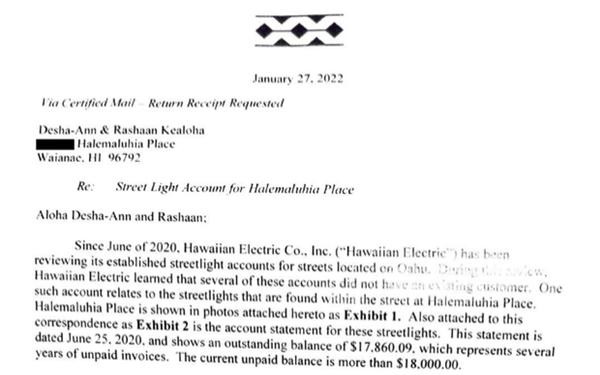 Một phần bức thư của Công ty Điện lực Hawaii. Ảnh: News10. Một phần bức thư của Công ty Điện lực Hawaii. Ảnh: News10.