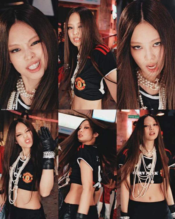 Jennie mặc áo Manchester United trong MV "Pink Venom". Ảnh: YouTube.