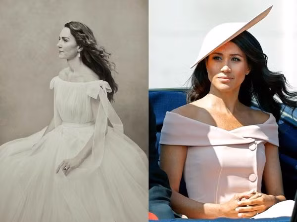 Các fan của Meghan cho rằng Kate "bắt chước" phong cách váy hở vai của Meghan. Ảnh: Paolo Roversi/ Cung điện Kensington; Max Mumby/ Indigo/ Getty Images.
