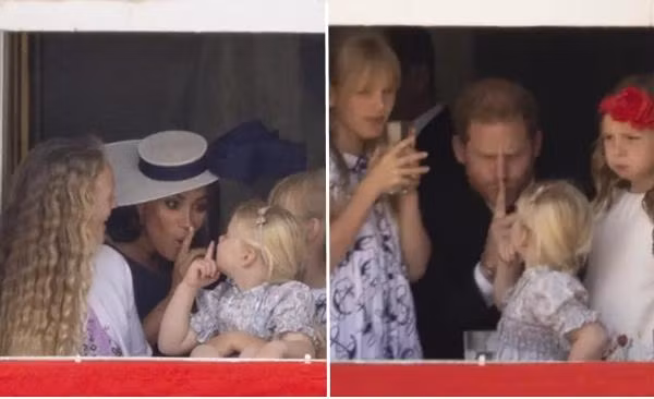Harry - Meghan đứng cùng một số trẻ em của Hoàng gia. Ảnh: Goff.