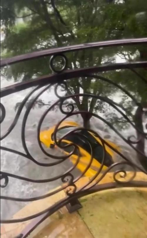 Ernie đứng trên ban công nhà mình, nhìn chiếc xe mới mua bị cuốn ra đường và nhấn chìm. Ảnh: Instagram.