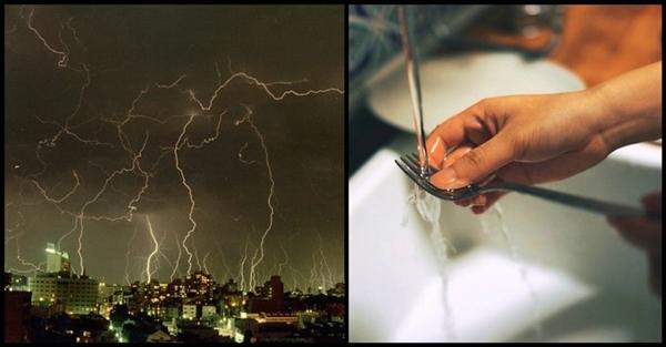 Không nên tắm, rửa bát... khi ngoài trời đang mưa bão. Ảnh: Wikimedia; Pixabay.