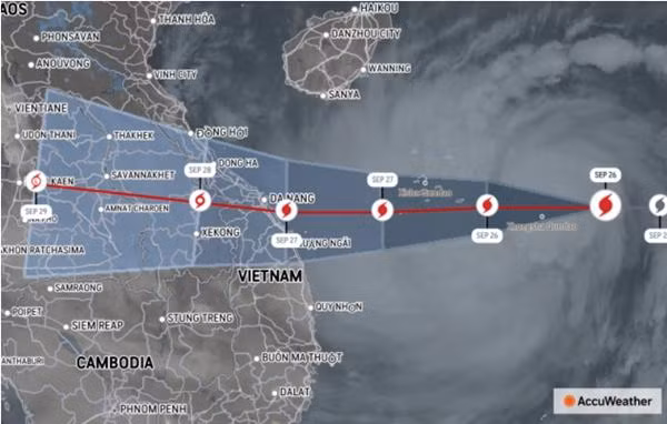 Dự báo của trang AccuWeather về đường đi của bão Noru và thời điểm bão vào Việt Nam. Ảnh: AccuWeather.