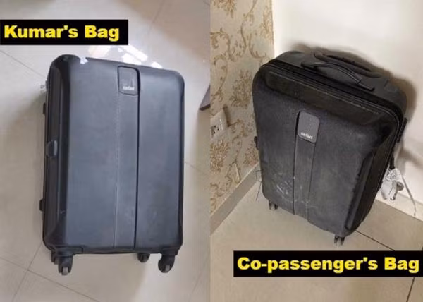 Vali của Kumar (trái) và của một hành khách đi cùng chuyến bay (phải). Ảnh: Nandan Kumar.